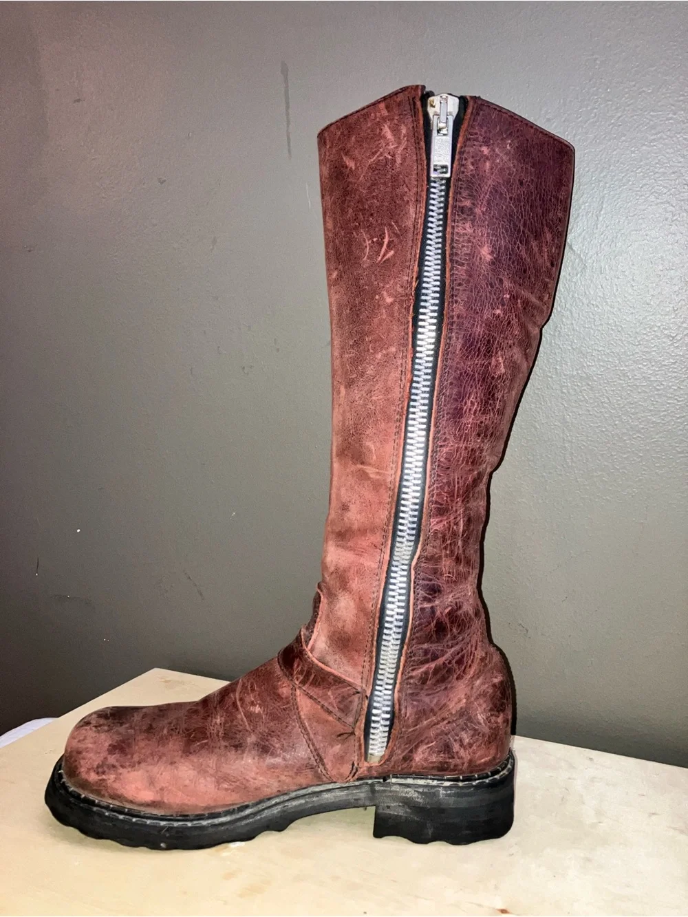 John Fluevog Bond Girl Tall Buckle Boots — Wine